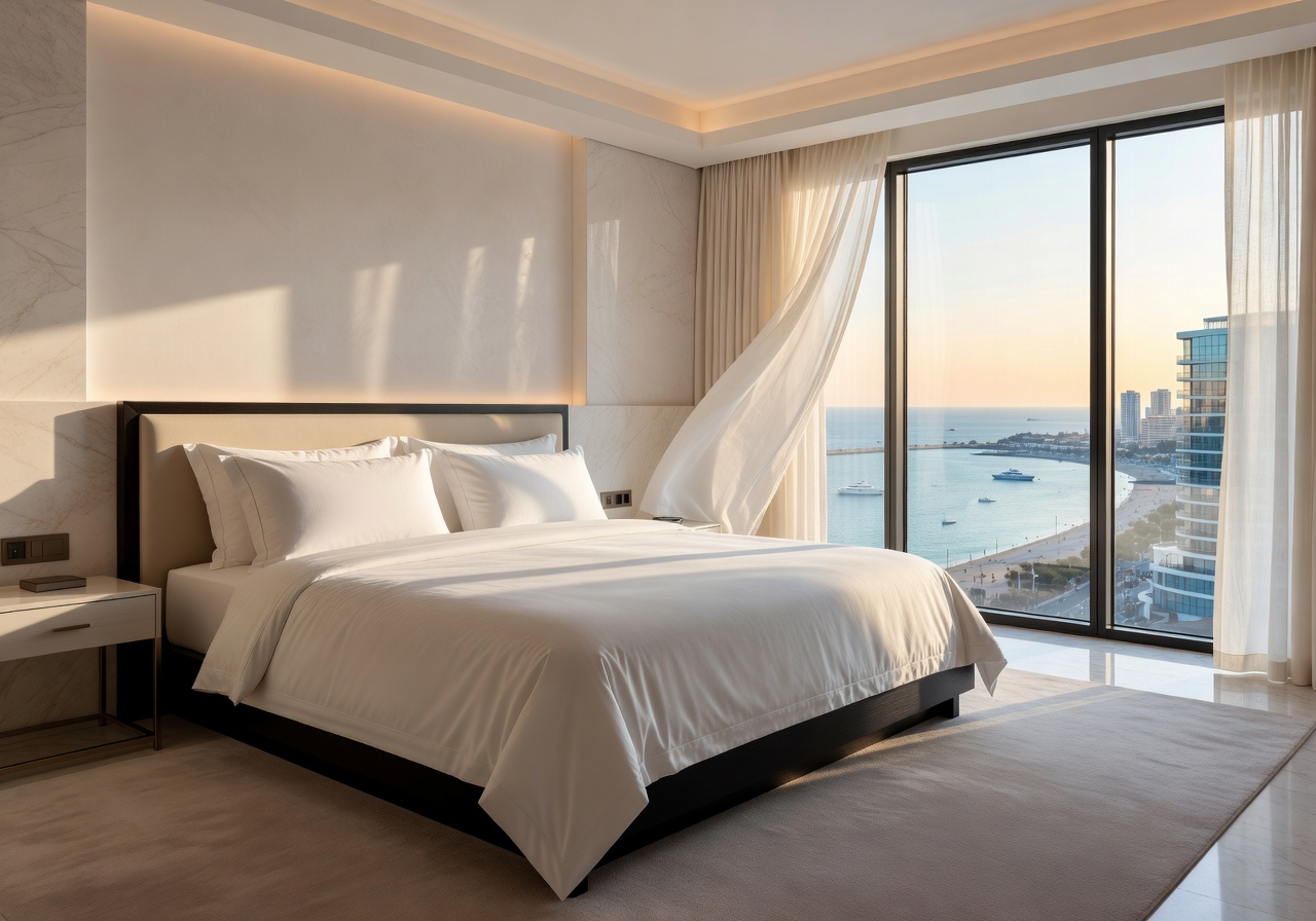 Luxury hotel suite with linen bedding