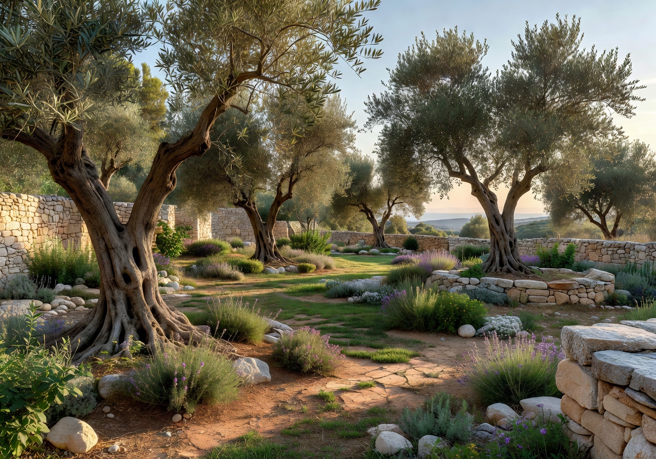Mediterranean garden with olive trees