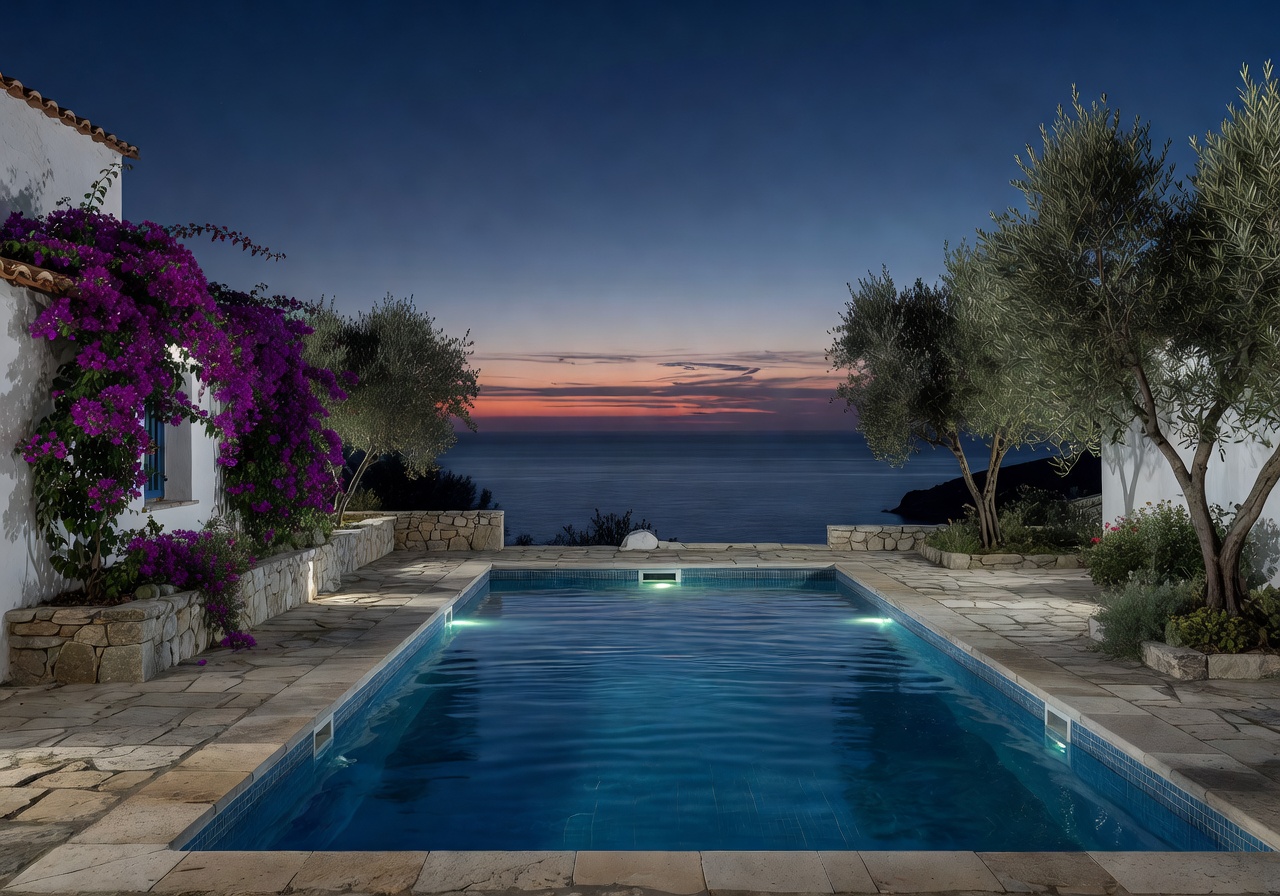 Mediterranean swimming pool at dusk