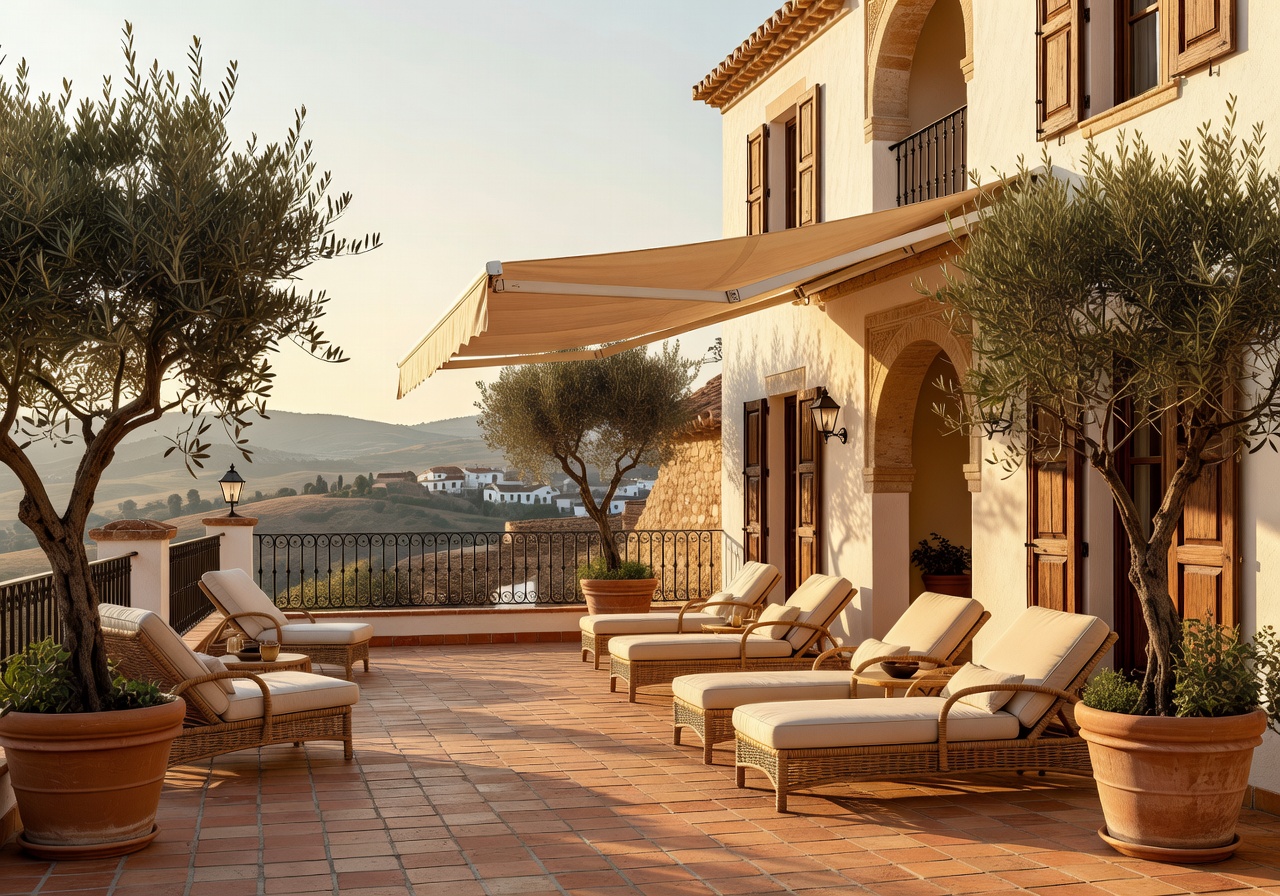 Spanish boutique hotel terrace with olive trees