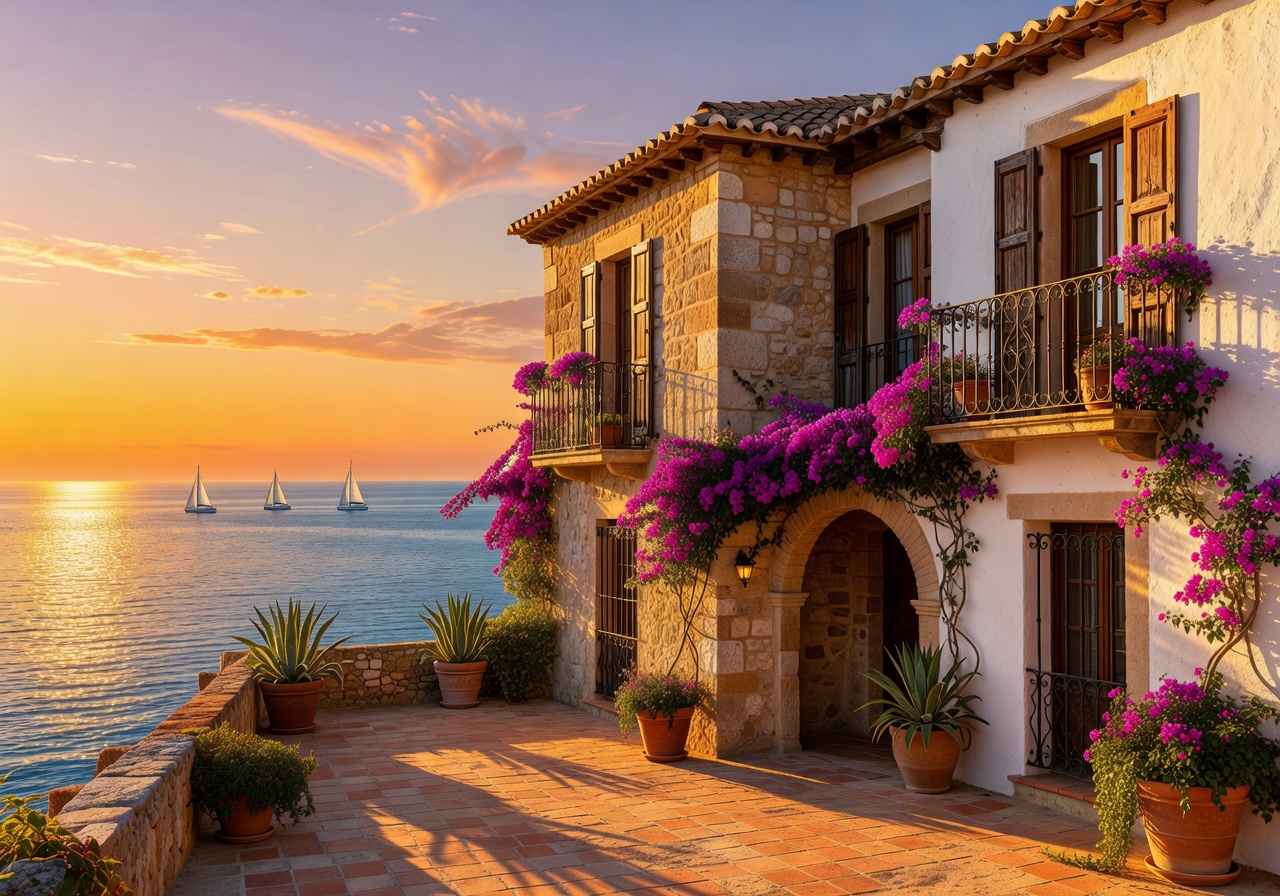 Sunlit Spanish coastal villa at golden hour
